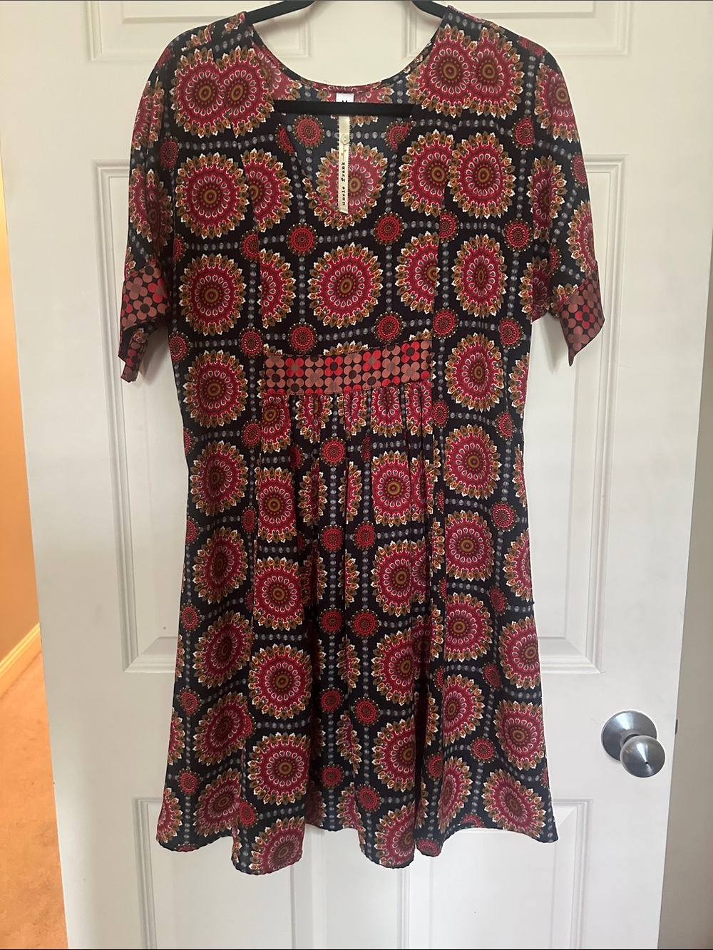 Uncle Frank Black Dress with Red and Gold Medallion Print